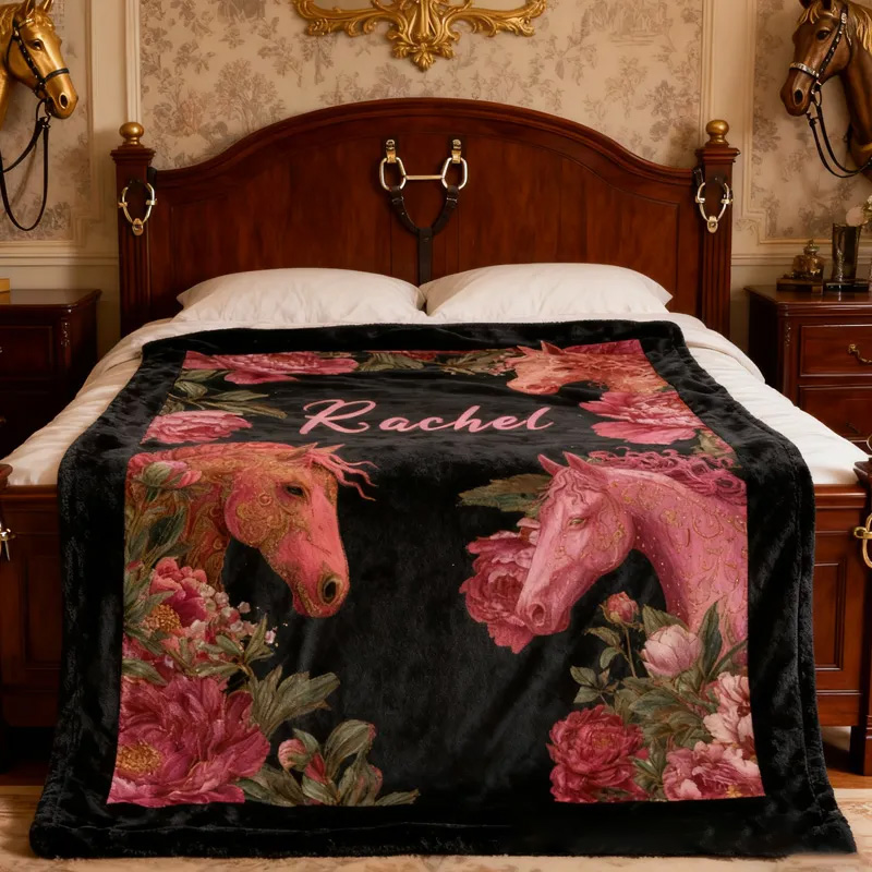 Personalized Riding Floral Blanket Equestrian Horse Custom Name Festive Flower Decor with French Countryside Gifts Family Blanket for Riding Lovers Equestrian Lovers