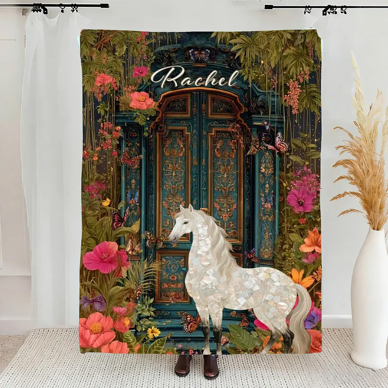 Personalized Riding Floral Blanket Vintage Garden Gate Floral Horse Custom Name Festive Flower Decor with French Countryside Gifts Family Blanket for Riding Lovers Equestrian Lovers