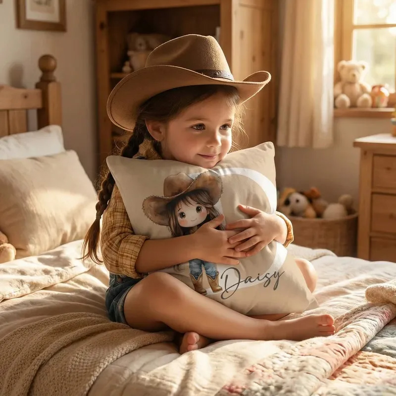 Personalized Initials Letter Throw Pillow Cartoon Cowboy Cowgirl Soft Throw Pillow Cover with Name and Initial Home Decor Birthday Gift for Boys Girls Horse Owner Lover Riding Lovers Equestrian Lovers