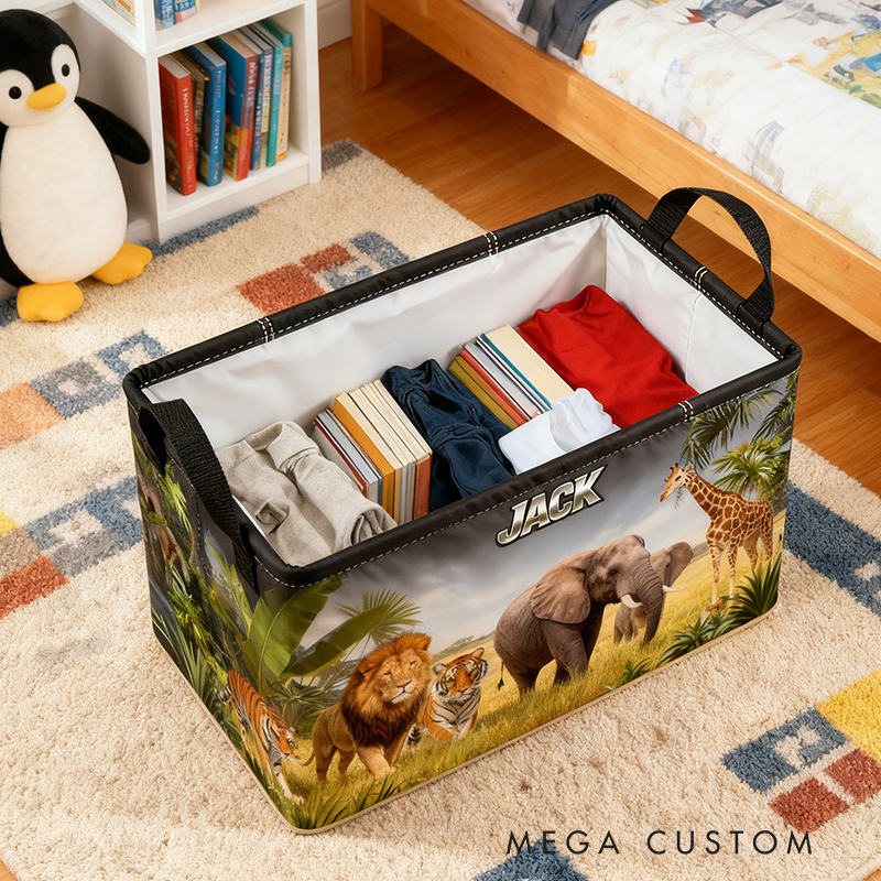 Personalized Custom Name Safari Animal Storage Bin - Kids' Jungle-Themed Toy Organizer