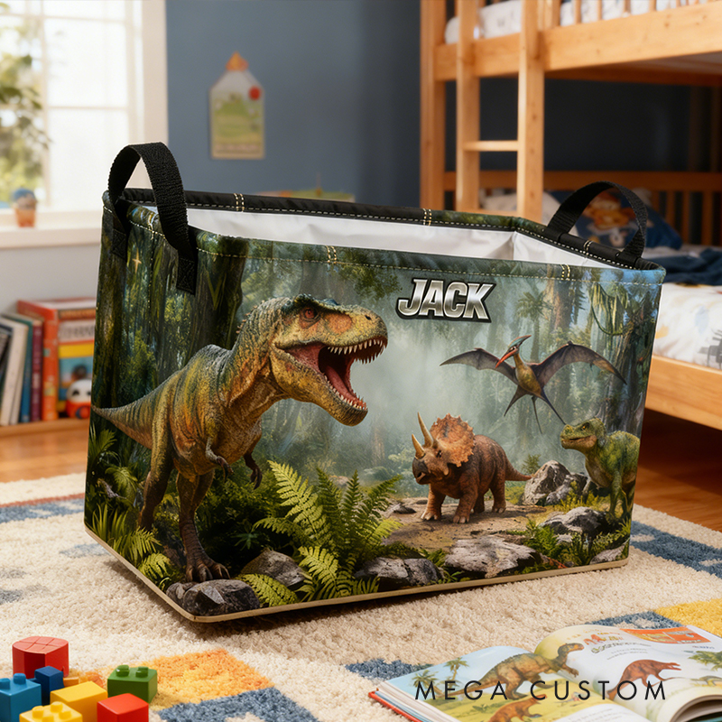Personalized Custom Name Dinosaur Storage Bin - Kids' Jurassic-Themed Toy Organizer