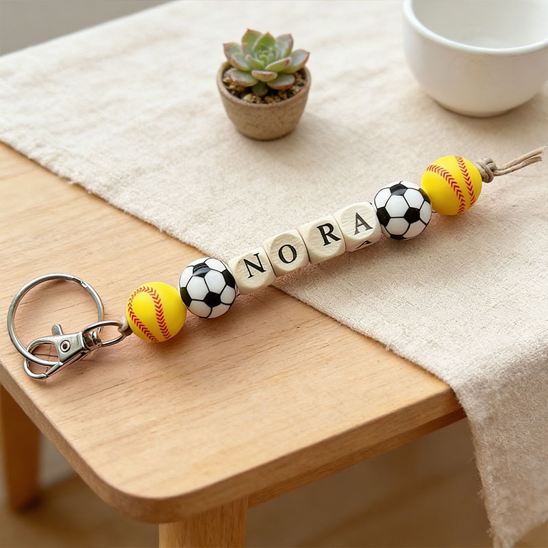 Personalized Sports Keychain Beaded Name Keyring with Baseball Soccer Basketball Custom Gift for Dad Coaches Kids Backpack Decor
