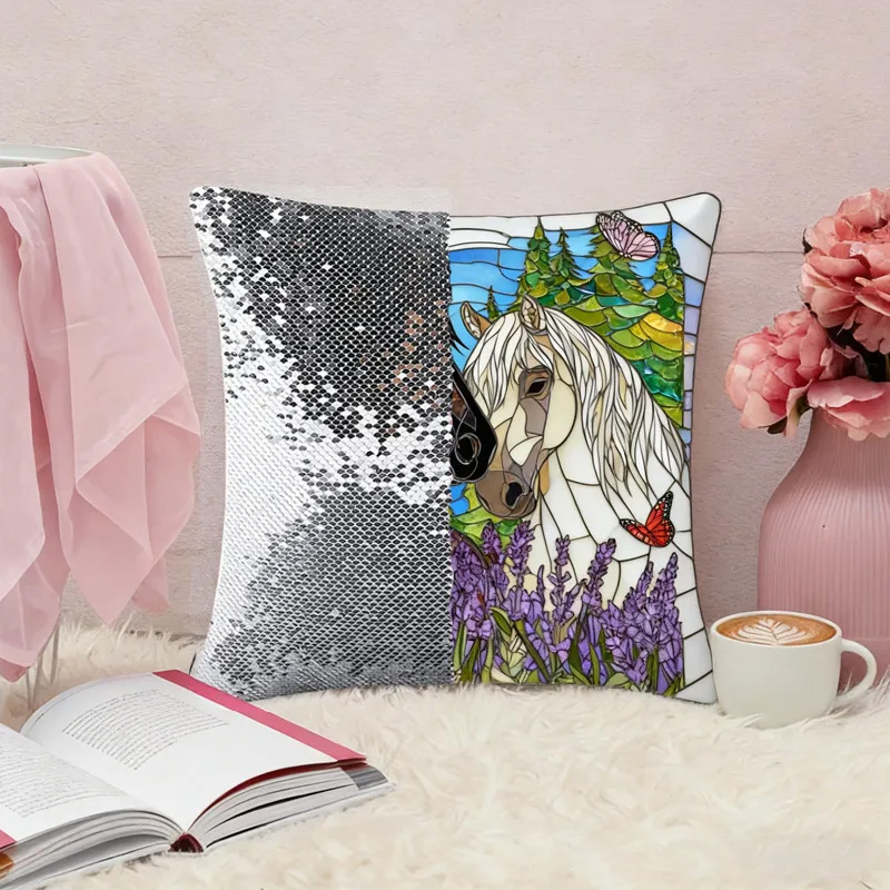 Personalized Sequin Cushion Throw Pillow Cover Stained Glass Horse Throw Pillow for Horse Owner Lover Riding Lovers Equestrian Lovers