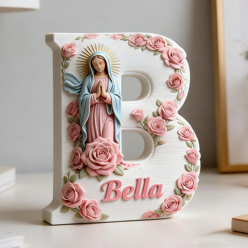 Personalized 3D Printed Virgin of Guadalupe Letter Ornaments with Custom Name Religious Home Decor Catholic Gift for Her Pink Rose Prayer Corner Gift