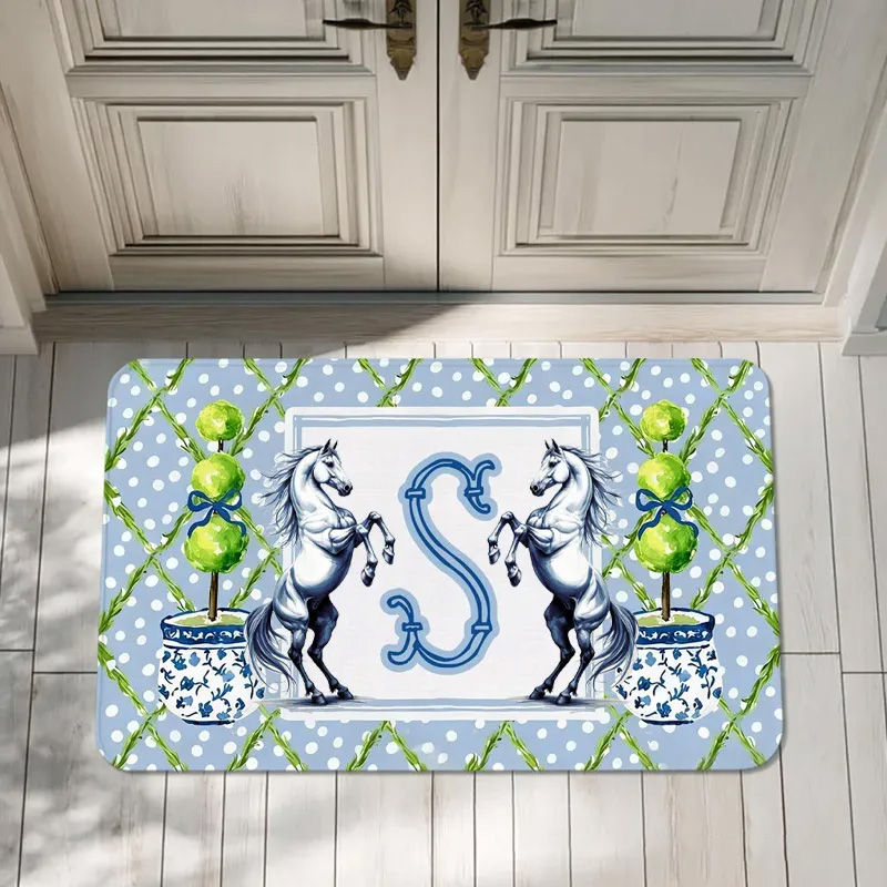 Personalized Rugs Riding Personalized Chinoiserie Initial Blue White Doormat Home Decor Housewarming Birthday Gift for Family Friends for Family for Riding Lovers Equestrian Lovers