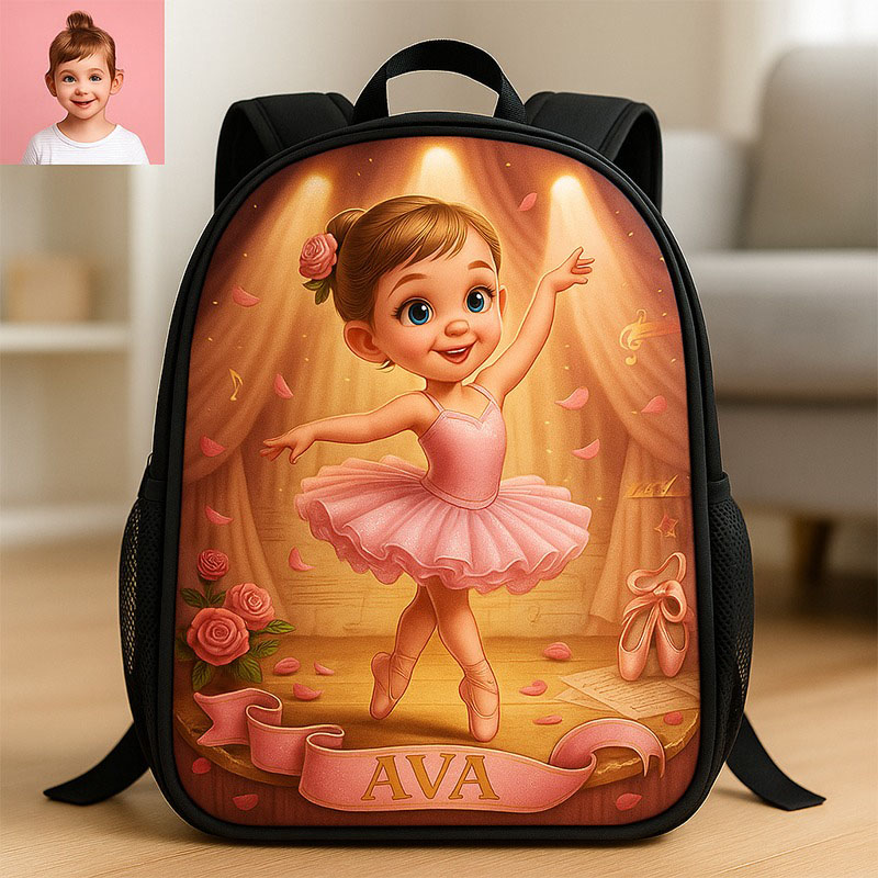 Personalized Ballet Girl Cartoon Backpack Custom Photo and Name for Kids and Ballet Lovers Birthday Black to School Christmas Gift