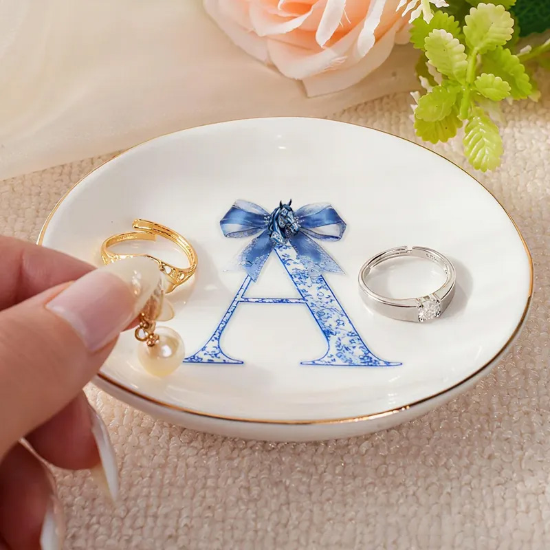 Personalized Blue Bow Horse Toile De Jouy Initial Ceramic Trinket Jewelry Dish Daily Use Birthday Gift for Girls Women Riding Lovers