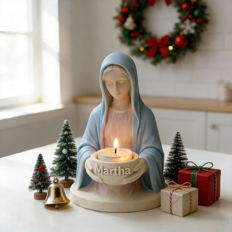 Personalized 3D Printable Virgin Mary Tealight Candle Holder with Custom Name Catholic Home Decor Prayer Space Lady Guadalupe Stand Spiritual Gift