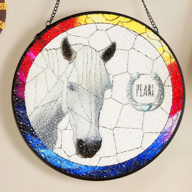 Personalized Stained Glass Horse Photo Suncatcher Ornament with Name Window Balcony Hanging Decor Birthday Gift for Horse Riding Lovers