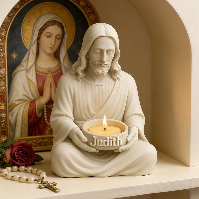 Personalized 3D Printable Jesus Tealight Candle Holder with Custom Name Christmas Decoration Christian Home Decor & Spiritual Gift Prayer Space Gift