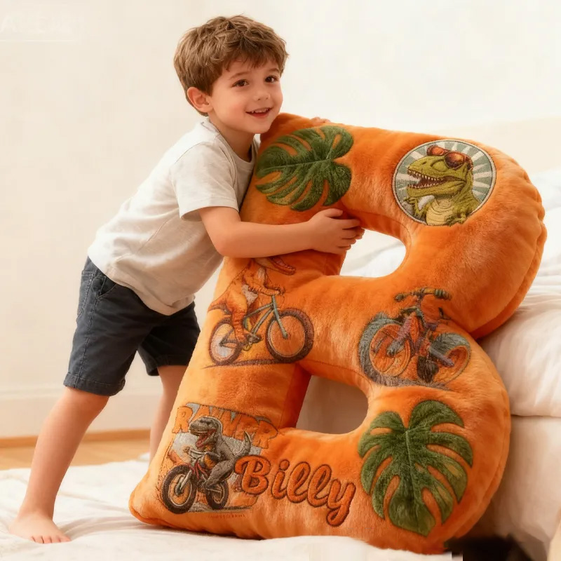 Personalized Dinosaur Dino Bike Letter Pillow Cozy Graphic 3D Print Bow Letter Pillow Name Pillow Comfortable Travel Cushion for Kids Riding Lovers