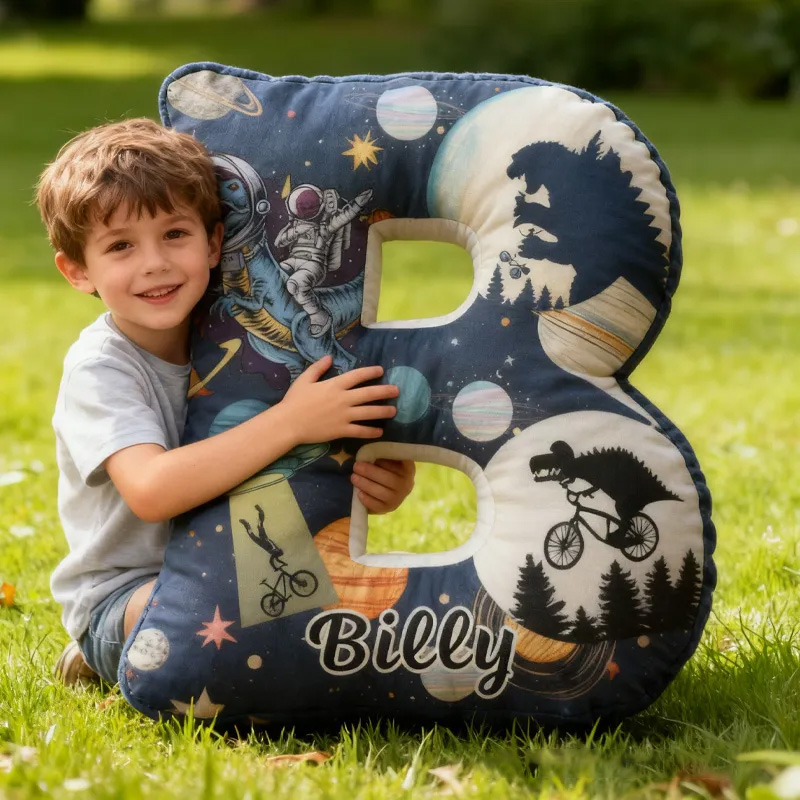 Personalized Dinosaur Space Bike Letter Pillow Graphic 3D Print Dino Galaxy Letter Pillow Name Pillow Comfortable Travel Cushion for Kids Riding Lovers