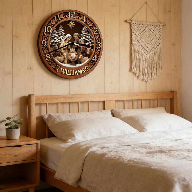 Personalized Nativity Scene Wall Clock with Custom Family Name Graphic 3D Printed Wall Clock Home Decor Christian Christmas Gift Faith Based Gift