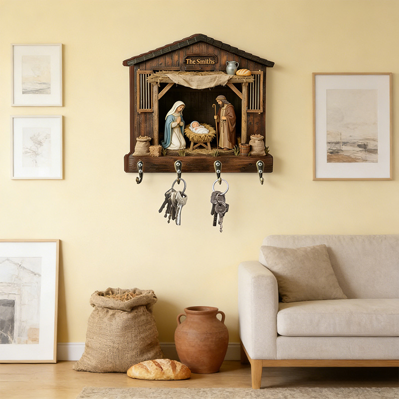 Personalized Nativity Scene Key Holder with Family Name Custom Shaped Graphic 3D Printed Key Hanger Religious Gift for Christian Family