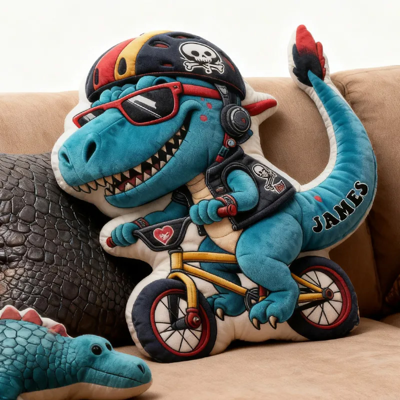 Personalized Dino Rider Bike Pillow Cozy Graphic 3D Print Cool Skull Racing Biker Dino Pillow Name Pillow Comfortable Travel Cushion for Kids Boys Riding Lovers