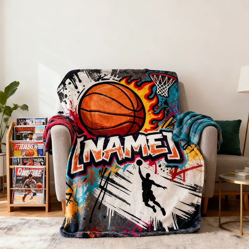Personalized Basketball Blanket with Custom Name and Vibrant Design for Basketball Lover
