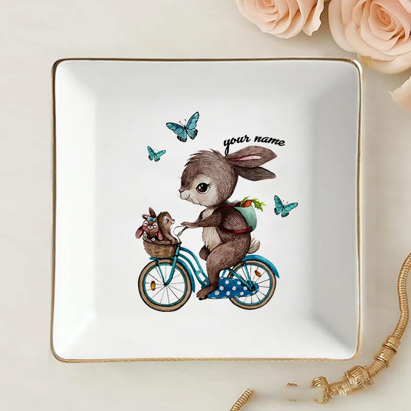 Personalized Bunny on a Bike Ring Dishes Jewelry Whimsical Bunny Dish Couple Valentine's Day Anniversary Gift for Outdoor Adventures Riding Cycling Biking Enthusiasts