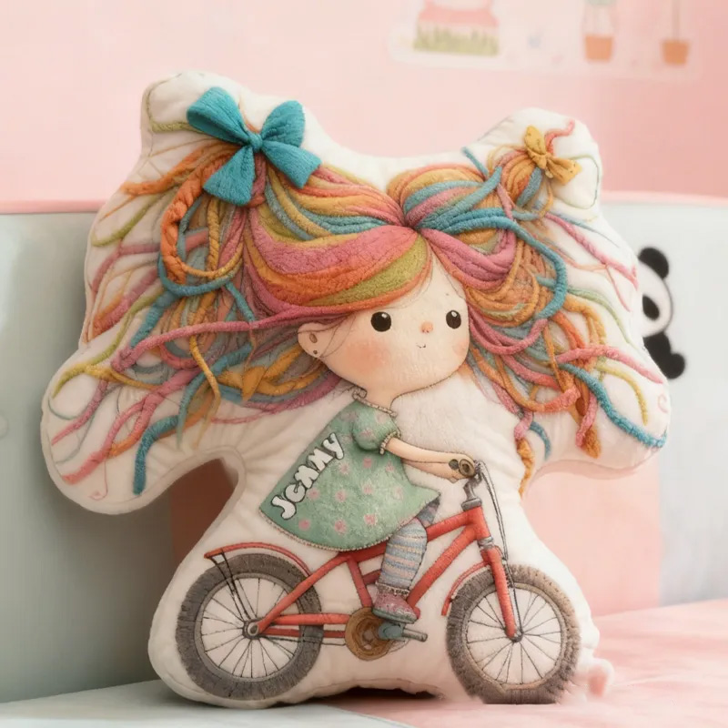 Personalized Quirky Girl Bike Pillow Rainbow Hair Cozy Graphic 3D Print Dreaming Princess Pillow Whimsical Girl Name Pillow Comfortable Travel Cushion for Kids Girls Riding Lovers