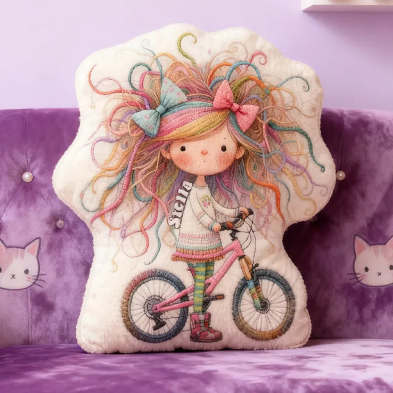 Personalized Quirky Girl Bike Pillow Rainbow Hair Cozy Graphic 3D Print Dreaming Princess Pillow Whimsical Girl Name Pillow Comfortable Travel Cushion for Kids Girls Riding Lovers