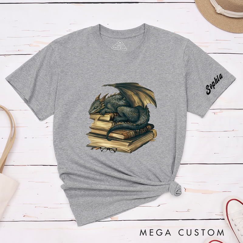 Personalized Dragon Lover Classic T-Shirts Custom Name Sleeping Dragon on Books Fantasy Reading Shirt Unique Gift for Bookworms and Readers Birthday