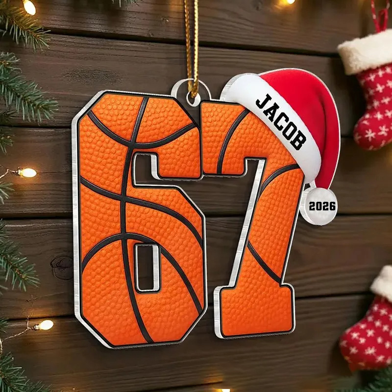 Personalized Name 67 Sport Acrylic Christmas Ornament, Soccer Baseball Volleyball Basketball Ornament, Six Seven Ornament Gen Alpha Humor 67 Meme Ornament