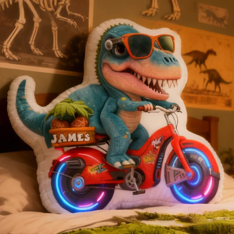 Personalized Dino Rider Bike Pillow Cozy Graphic 3D Print Cool Racing Biker Dino Pillow Name Pillow Comfortable Travel Cushion for Kids Boys Riding Lovers
