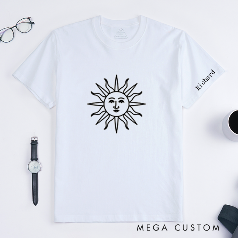 Personalized Sun Face T-Shirt Classic Unisex Custom Name Gift Unique Solar Graphic Tee for Men Women Birthday Present for Him Her Friends Family