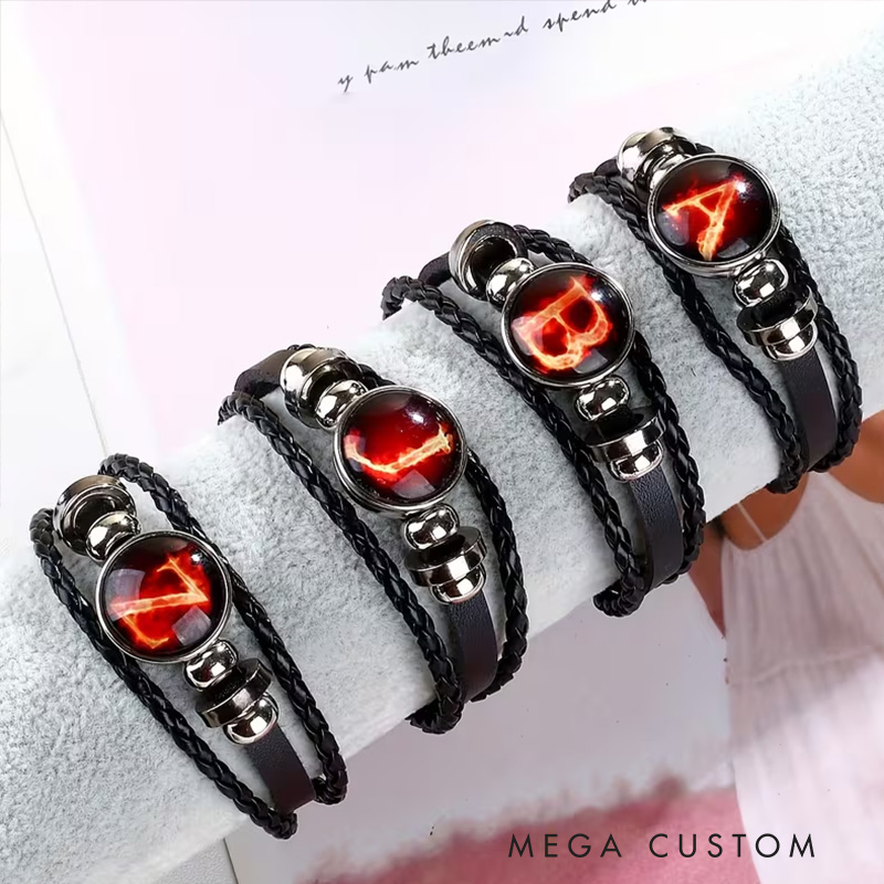 Personalized Flame Punk Style PU Leather Bracelet Initial Letter Design Adjustable Metal Accent Ideal Men's Gifts Valentine's Day Gifts Groomsmen Bracelets