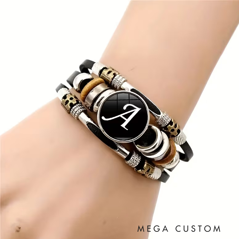 Personalized PU Leather Multilayer Braided Punk Style Bracelet with A-Z Alphabet Custom Name Identification Ideal Men's Gifts for Valentine's Day and Groomsmen
