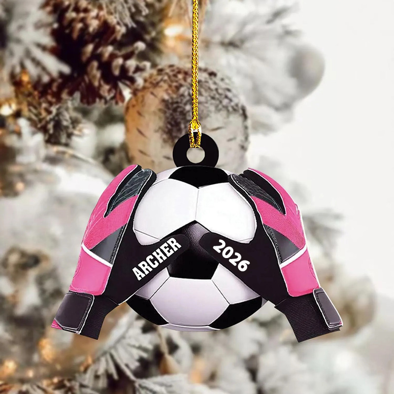 Personalized Acrylic Soccer Ball Christmas Ornament with Custom Name, Year, and Goalkeeper Gloves Design