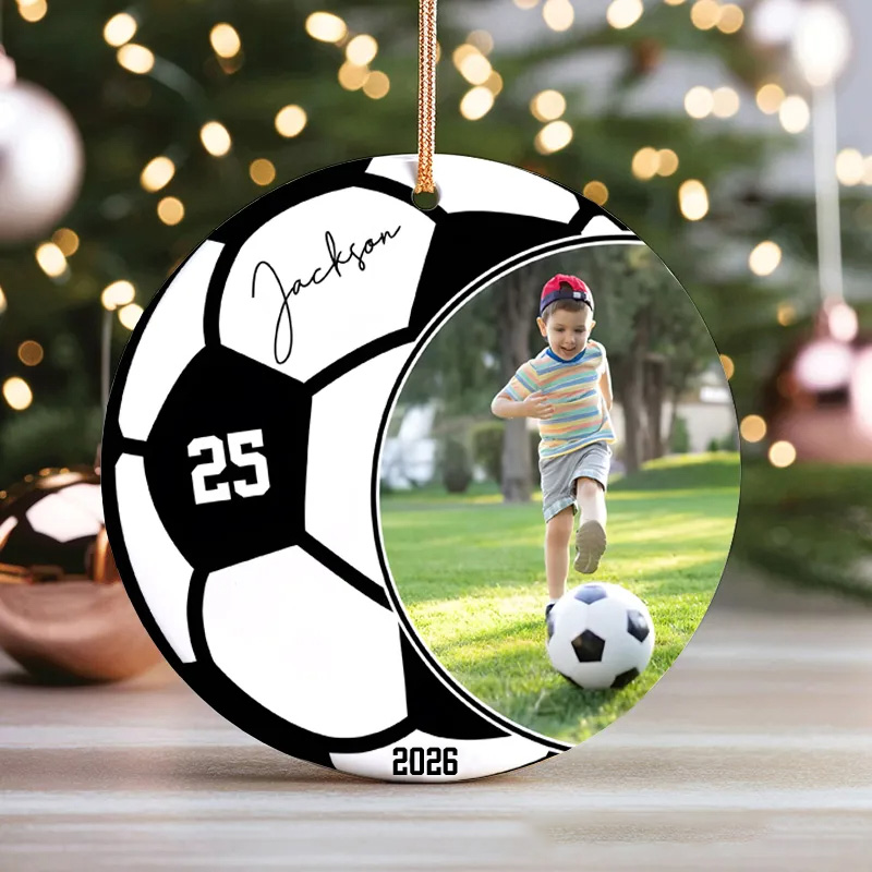 Personalized Soccer Photo Christmas Ornament with Custom Name, Number, and Year