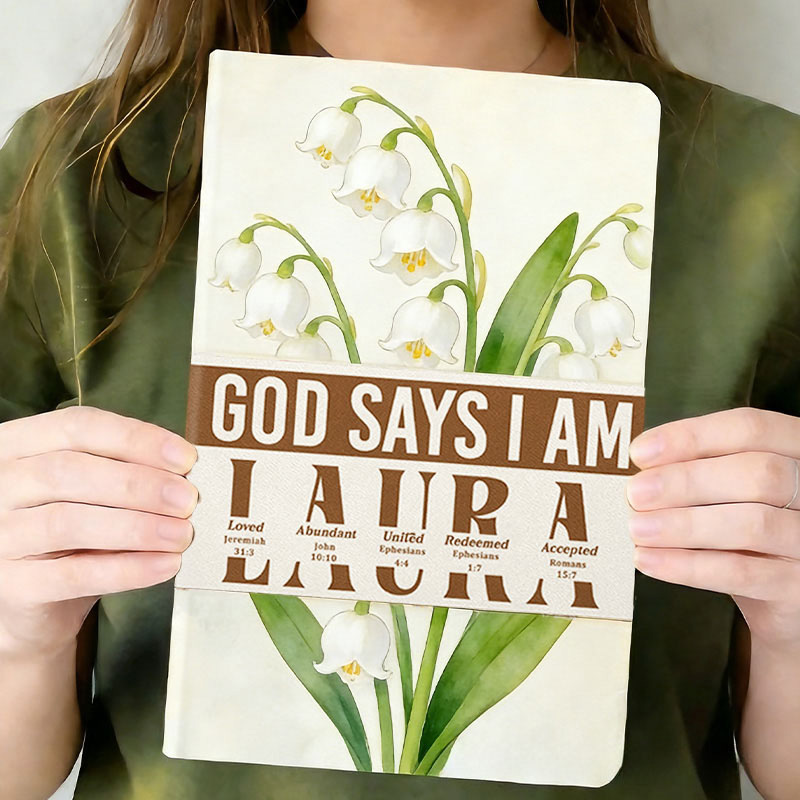 Personalized God Says i am Birth Flower Leather Cover Notebook with Custom Name Encouraging Scripture Bible Verse Journal Religious Christian Gift for her