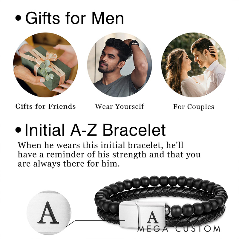 Personalized Beaded Leather Initial Bracelet 6mm Matte Agate Stone Handmade Bracelets Adjustable Mens Bracelet Magnetic Clasp Father's Day gift for Men Bracelets Valentine's Day Gift for groomsman 