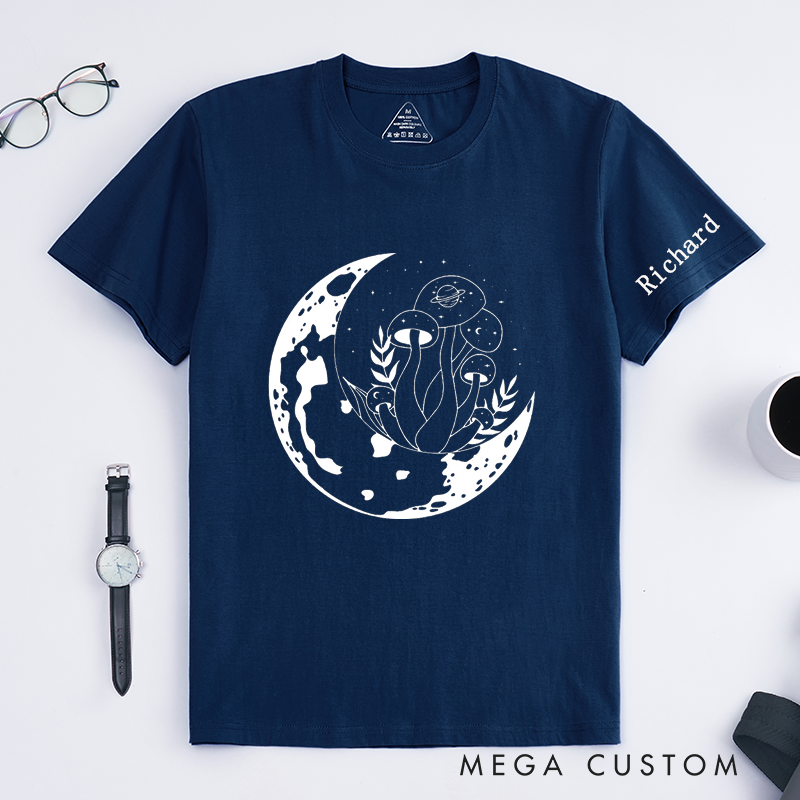 Personalized Moon and Mushroom Classic T-Shirt Custom Cosmic Nature Art Unisex Gift Unique Space Planet Print Tee