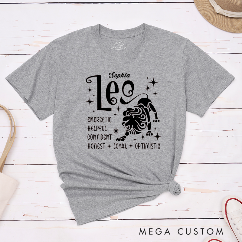 Personalized Leo Zodiac Classic T-Shirts Custom Name Energetic Confident Honest Loyal Optimistic Gift for Men and Women Birthday Astrology Lovers