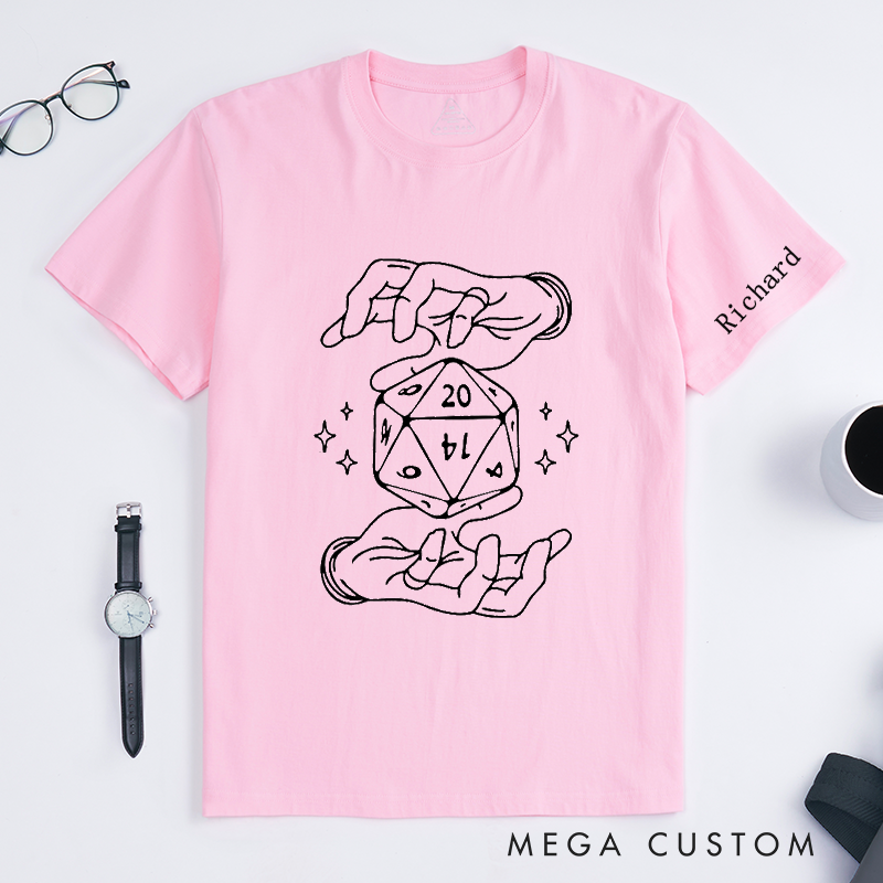 Personalized D20 Dice Magic Hands Classic T-Shirt Custom Name Gift for Gamers Unique Creative Unisex Birthday Present for Dungeons Enthusiasts