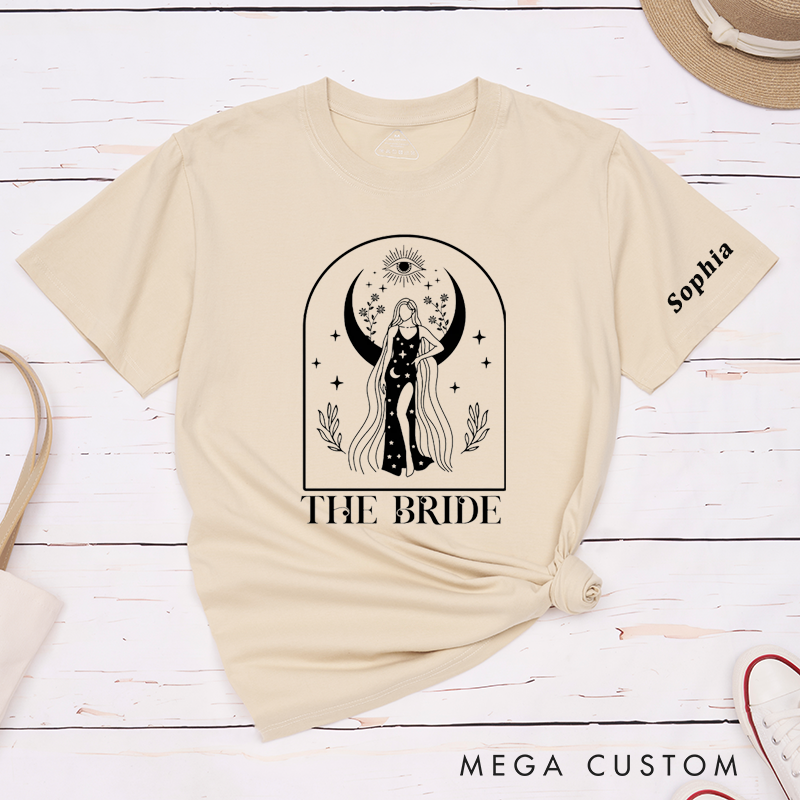Personalized Bride Moon Goddess T-Shirt Custom Name Celestial Bachelorette Party Tee Unique Starry Bridal Shower Gift for Her Astrology Moon Lover