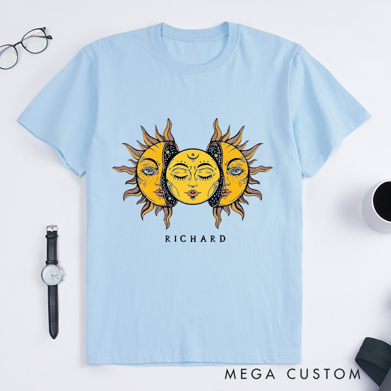 Personalized Sun and Moon Face Classic T-Shirts Custom Unisex Astral Art Graphic Tee Unique Celestial Gift for Him or Her Spiritual Astrology Lovers