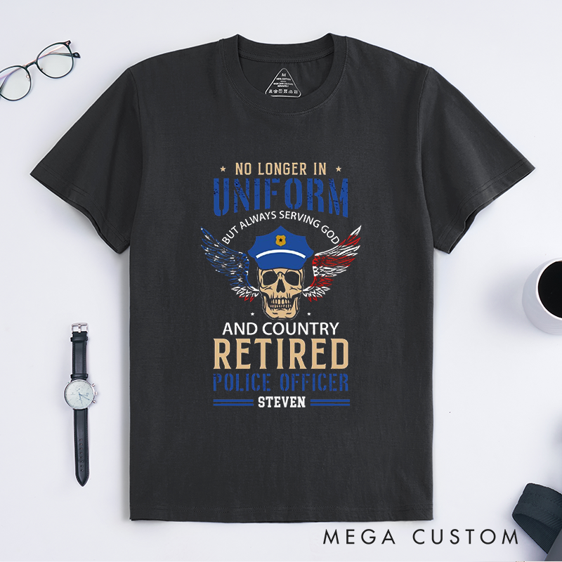 Personalized Retired Police Officer T-Shirt with Patriotic Skull and Wings Design Gift for Police Officer T-Shirt