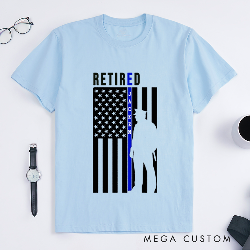 Personalized Retired Police Officer T-Shirt with Thin Blue Line Flag and Silhouette Design Gift for Police Officer T-Shirt