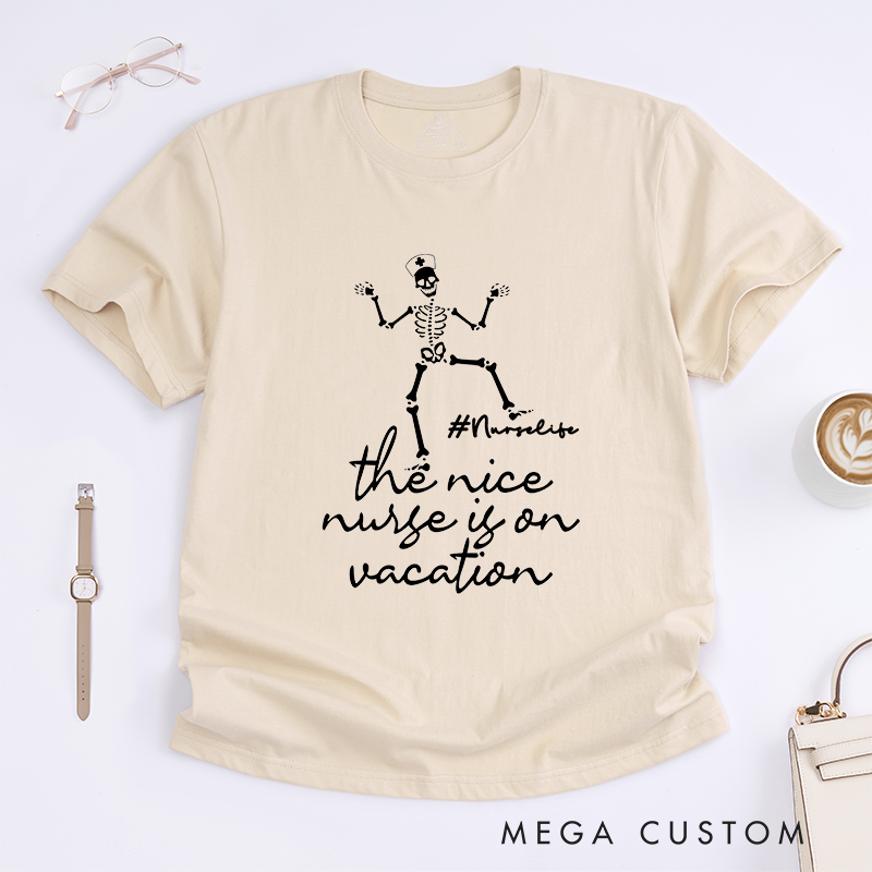 Personalized Playful Nursing T-Shirt with Skeleton and Vacation-Themed Design Gift for Nurse