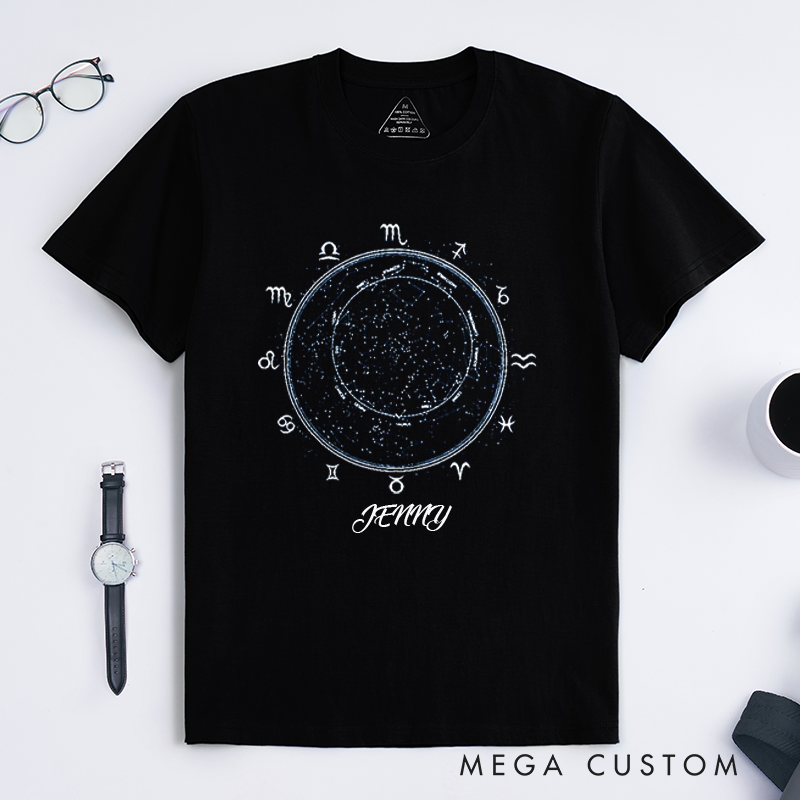 Personalized Zodiac Star Map T-Shirt Custom Astrology Chart Constellation Birthday Gift for Him or Her Unique Celestial Horoscope Shirt for Women Men