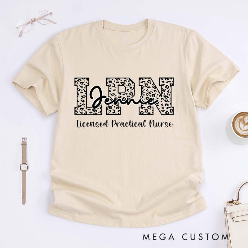 Personalized Trendy LPN T-Shirt with Leopard Print "LPN" and Personalized Typography Design Gift for Nurse