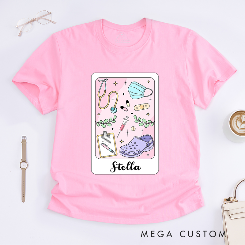 Personalized Pastel Nurse T-Shirt with Cute Medical Icons and Personalized Design Gift for Nurse