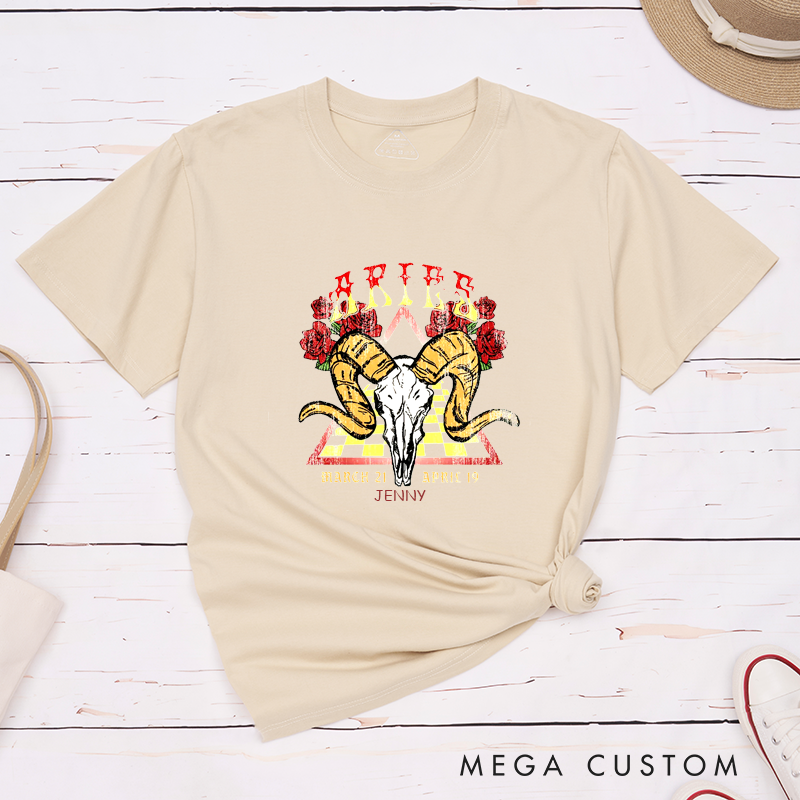 Personalized  Classic T-Shirt Aries Zodiac Ram Skull Graphic Custom Name Unisex Tee Birthday Gift for Horoscope Fans