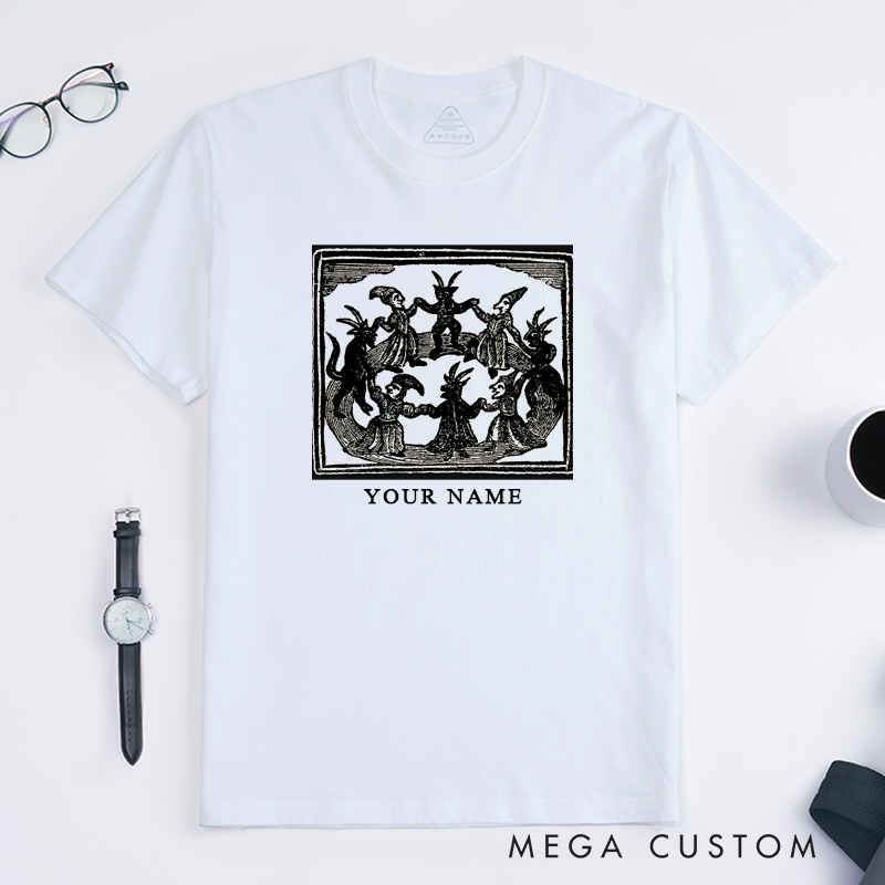 Personalized Classic T-Shirts Witch Circle Vintage Art Unisex Custom Pagan Gift for Him Her Occult Magic Ritual Graphic Tee Unique Birthday Present