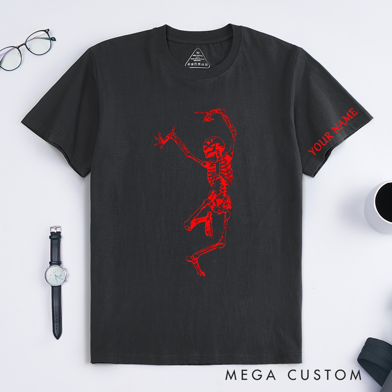 Personalized Classic T-Shirt Dancing Skeleton Unisex Custom Name Red Skeleton Graphic Halloween Gift for Men and Women Cool Skull Personalized Present