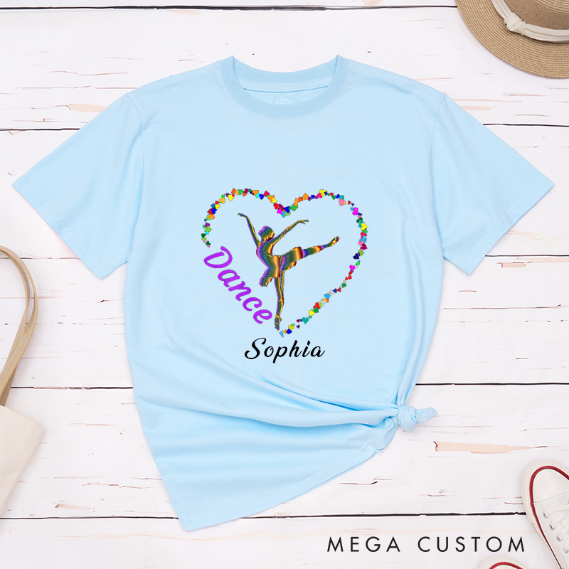 Personalized Dance Ballet Dancer Shirts Custom Name Rainbow Heart Classic T-Shirts Unique Gift for Dancers Teens Dance Lover Birthday Present