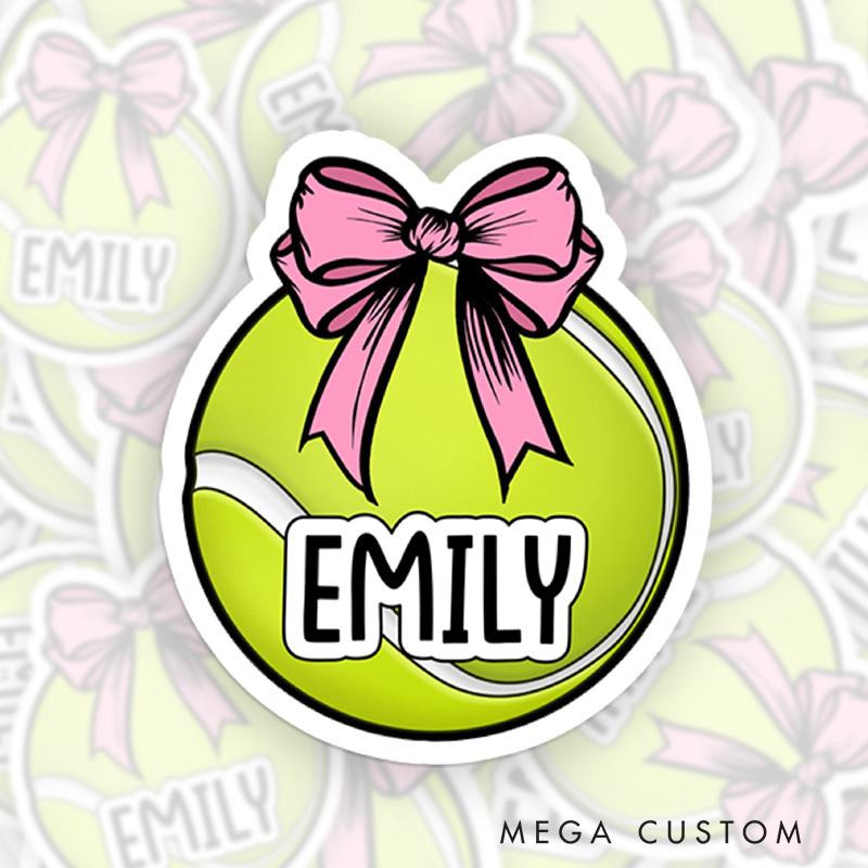 Personalized Tennis Ball Sticker Cute Pink Bow with Custom Name  