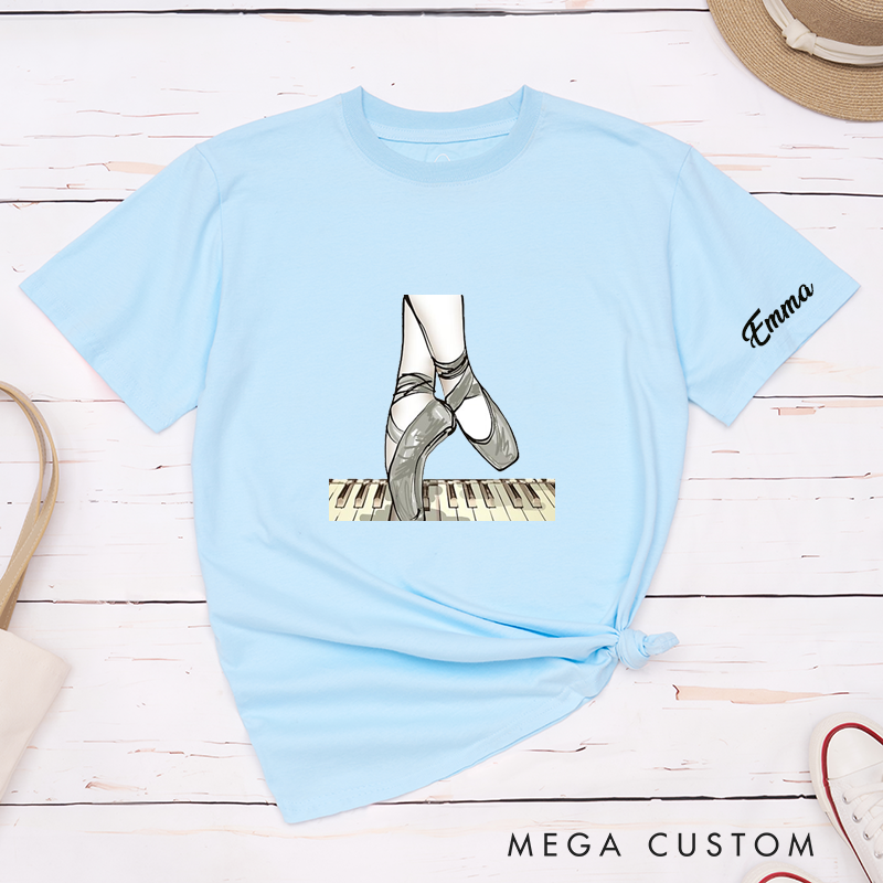 Personalized Ballet Shoes and Piano Keys Classic T-Shirts Custom Name Dancer Gift for Ballet Lovers Unique Dance Teacher Present 